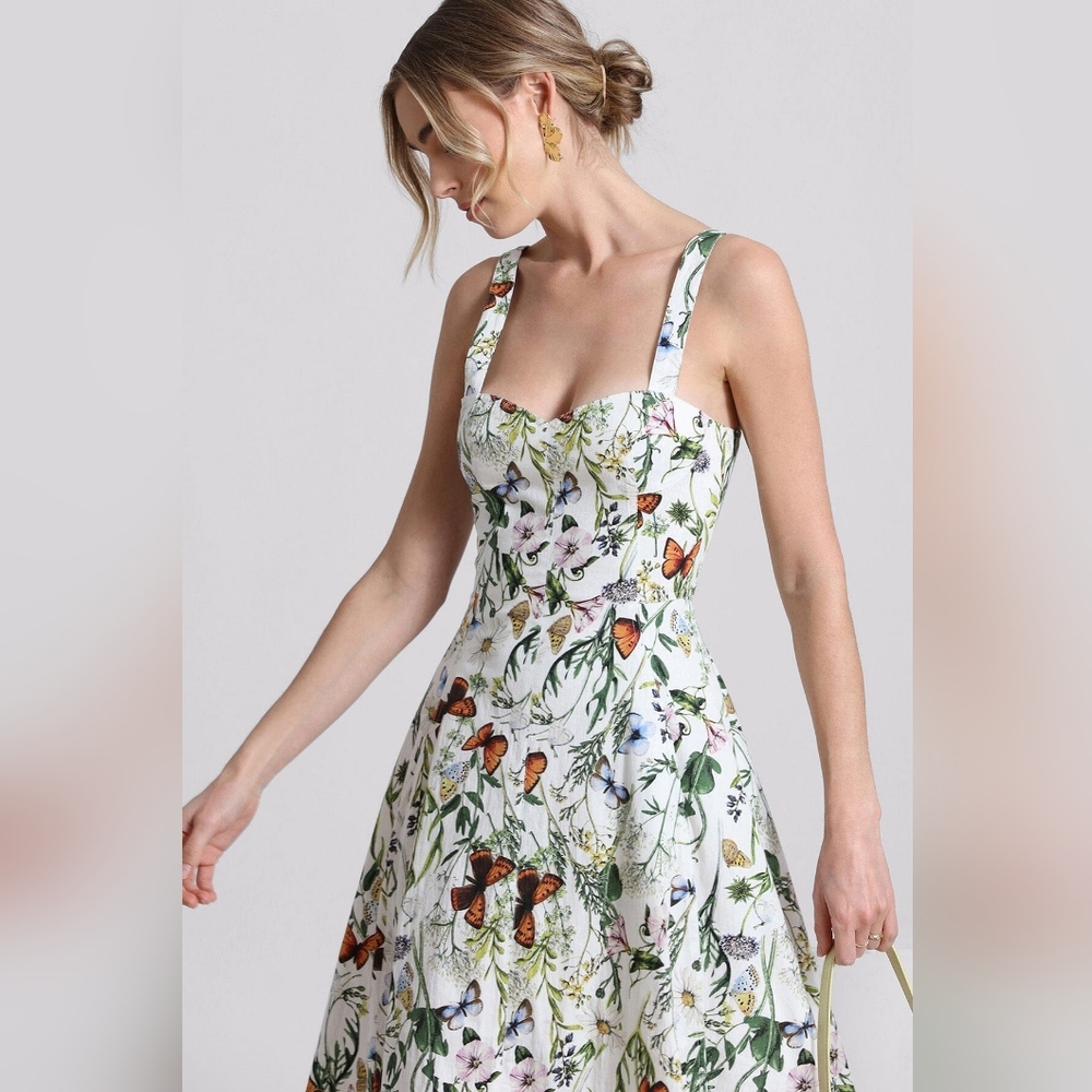 NWT Avec Les Filles Women's Butterfly Printed A-Line Midi Dress